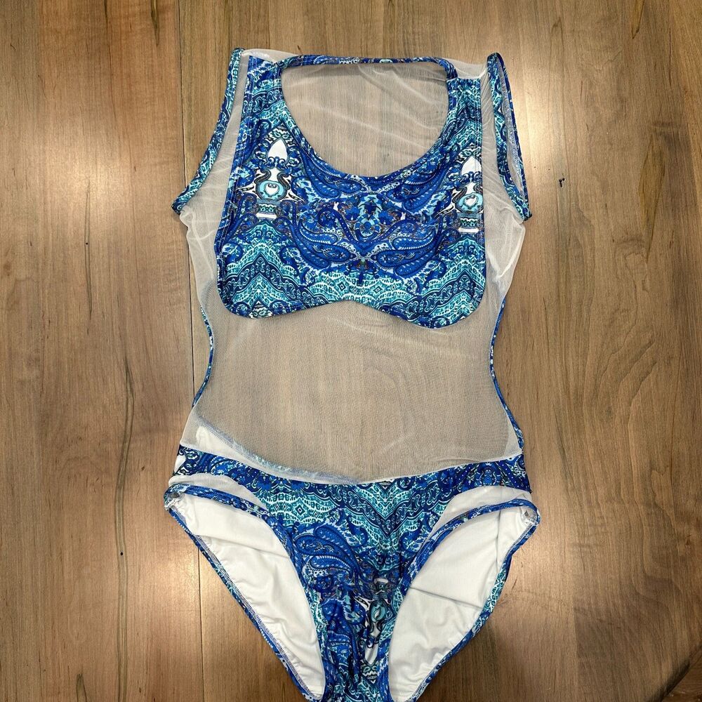 Mesh Sheer Illusion Cutout Paisley One Piece Swimsuit Monokini Blue Medium